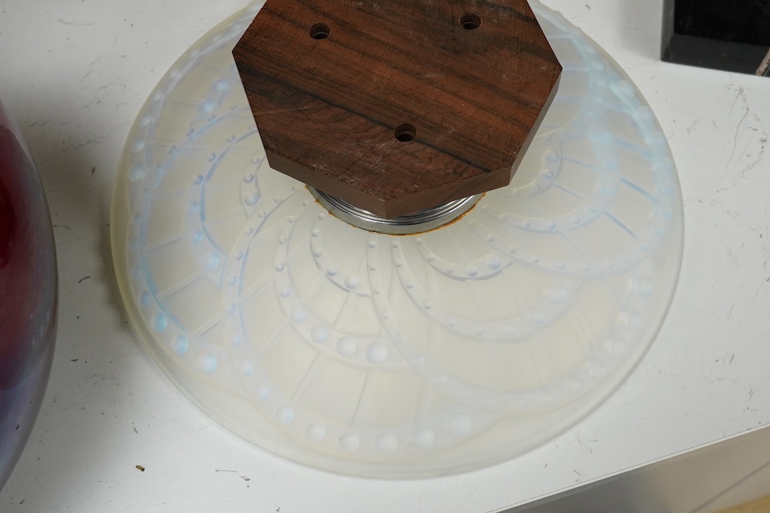 J Landier, a French Art Deco opalescent glass bowl on wooden pedestal base, 35cm in diameter